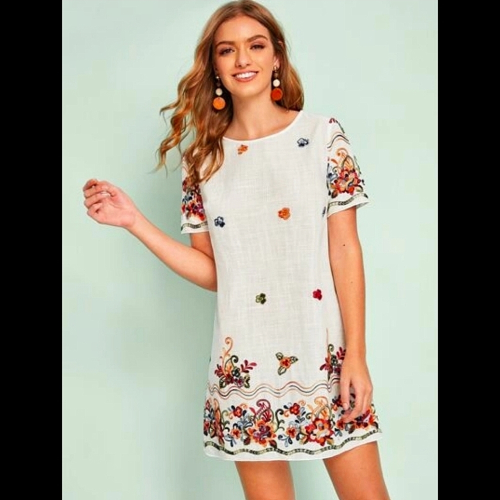 Embroidery Textured Tunic Dress | M